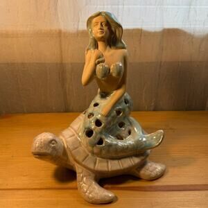 Vintage Mermaid Riding Sea Turtle Ceramic Figurine Coastal Decor